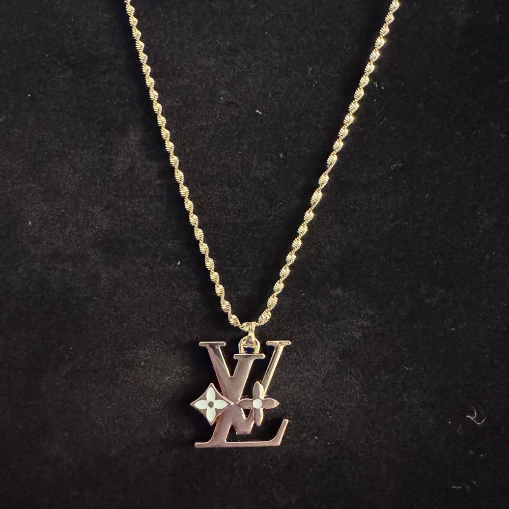 Louis Vuitton Gold-Tone LV Pendant Necklace with White Flower Accents